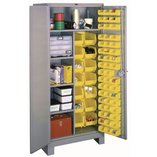 lyon-all-welded-combination-bin-cabinet-1122-dove-gray-with-props.jpg A gray metal storage cabinet with an open door reveals organized shelves. Inside, there are yellow plastic bins filled with various tools and supplies. The cabinets door also has smaller yellow bins holding small items like screws and bolts.