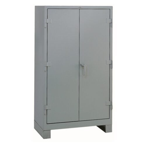 lyon-all-welded-eye-level-height-cabinet-1112-dove-gray.jpg A gray metal storage cabinet with double doors, a central handle, and visible hinges. It stands on a solid base, set against a plain white background.