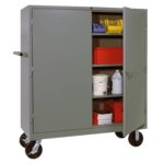 A gray metal storage cabinet on wheels, perfect for evidence storage, is shown with one door open. Inside, colorful bins, a white bucket, a bottle, and neatly stacked red fabric or paper are organized on the shelves. The cabinet features a handle for effortless mobility.