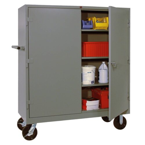 lyon-all-welded-mobile-shelf-cabinet-1170-dove-gray-with-props.jpg A gray metal storage cabinet on wheels, perfect for evidence storage, is shown with one door open. Inside, colorful bins, a white bucket, a bottle, and neatly stacked red fabric or paper are organized on the shelves. The cabinet features a handle for effortless mobility.