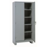 A tall, gray metal storage cabinet with one door slightly open, revealing five shelves inside. The cabinet is set against a plain white background.