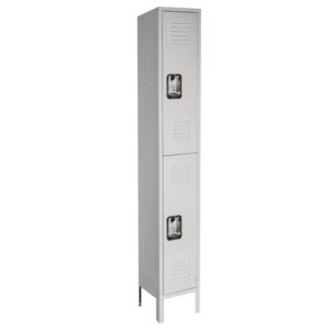 A tall, narrow, gray metal locker with two compartments, each featuring a vented door and a handle. The locker stands on four short legs.