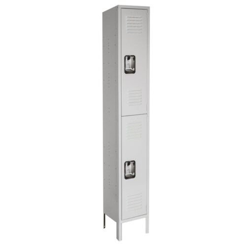 lyon-antimicrobial-medical-locker-double-tier-1-wide.jpg A tall, narrow, gray metal locker with two compartments, each featuring a vented door and a handle. The locker stands on four short legs.