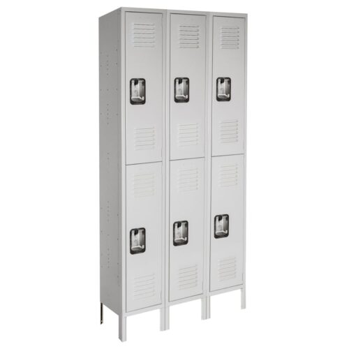 lyon-antimicrobial-medical-locker-double-tier-3-wide.jpg A row of six gray metal lockers, arranged in two columns with three lockers each. Each locker has a vented door and a handle. The lockers are standing on legs, elevating them slightly off the ground.