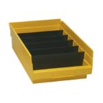 Yellow plastic storage bin with five black dividers. The bin has raised edges and a flat bottom, designed for organizing tools or small parts.