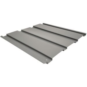 A flat, rectangular metal panel with three raised parallel ridges running lengthwise. The panel is gray and appears to be a roofing or siding material. The edges have slight overhangs on each side.