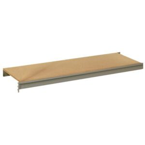 A rectangular brown wooden shelf with metal brackets, designed for wall mounting, displayed against a plain white background.