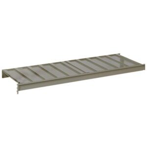 A rectangular metal shelf with a ribbed design is shown. It is painted gray and has support lips on each end for mounting. The shelf is designed to be sturdy for storage purposes.