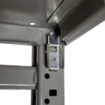 Close-up of a metal shelving units corner, showing a shiny metal connector piece. The shelves are gray with holes along the side for adjustable height. The image highlights the sturdy construction of the shelving system.