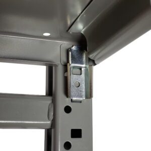 Close-up of a metal shelving units corner, showing a shiny metal connector piece. The shelves are gray with holes along the side for adjustable height. The image highlights the sturdy construction of the shelving system.