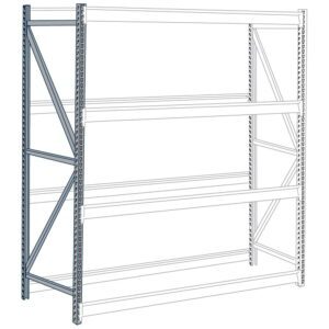 Illustration of a metal shelving unit with three adjustable shelves. One side is drawn with solid lines and shading in blue, while the other side is sketched with faint lines, creating a blueprint effect.