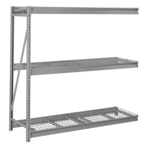 A metal storage rack with three wire mesh shelves, supported by vertical beams. The design is industrial and sturdy, suitable for heavy-duty use, such as in warehouses or garages. The rack is empty and shown against a white background.