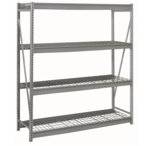 A large, heavy-duty, gray metal shelving unit with four wire racks. The structure is designed for storage and organization, featuring adjustable shelves supported by a sturdy frame with diagonal braces for added stability.