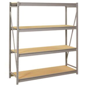 A metal frame shelving unit with four wooden shelves, shown from the front. The shelves are evenly spaced, and the unit has diagonal metal supports on the sides for stability. The design is simple and utilitarian.