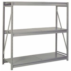A large gray industrial shelving unit with three metal shelves and a sturdy frame. The design features perforated edges and cross-bracing for stability. The shelves are adjustable and suitable for heavy storage.