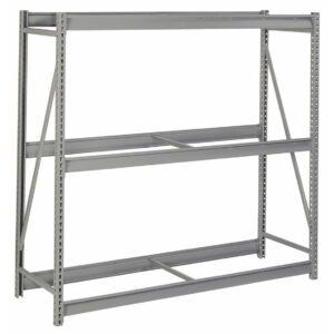 A metal industrial storage rack with two horizontal shelves and support beams. The frame has vertical slotted uprights and cross-bracing for stability. The rack is empty and set against a white background.