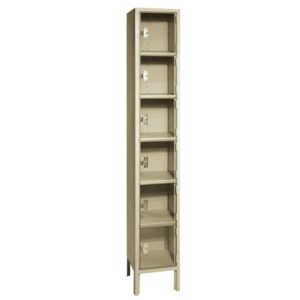 A tall, narrow metal locker with six compartments, each featuring a latch for securing contents. The locker is beige and stands on four legs.