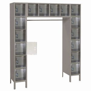 A set of beige metal lockers with transparent doors arranged in an inverted U shape. One of the lockers is open. The structure has a total of 16 compartments, with 10 on top and 6 on the sides.