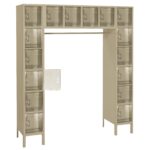 A tall, beige metal coat locker unit with clear doors. It has multiple compartments arranged in a U-shape, with a horizontal section at the top. One compartment door is open on the left side.