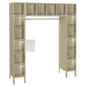 A tall, beige metal coat locker unit with clear doors. It has multiple compartments arranged in a U-shape, with a horizontal section at the top. One compartment door is open on the left side.