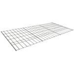 A rectangular metal grid with evenly spaced horizontal and vertical bars lies flat on a white background, resembling the structure of wire mesh cages.