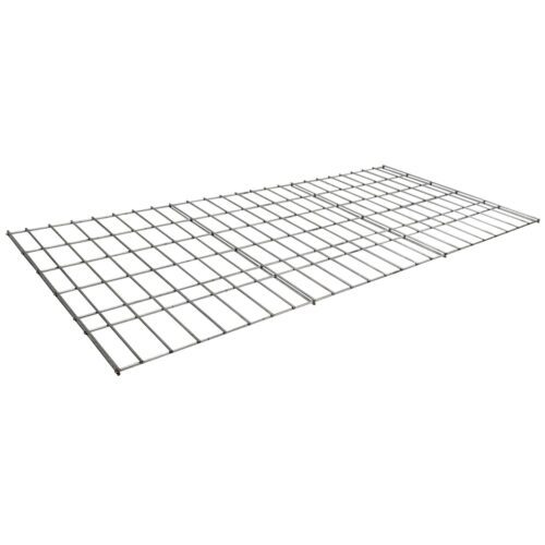 A rectangular metal grid with evenly spaced horizontal and vertical bars lies flat on a white background, resembling the structure of wire mesh cages.