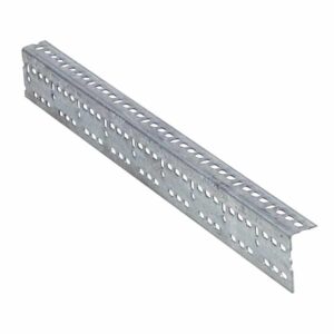 A galvanized metal slotted angle with a row of evenly spaced rectangular holes along its length, designed for construction and shelving purposes. The angle is shown against a white background, highlighting its structure and holes.