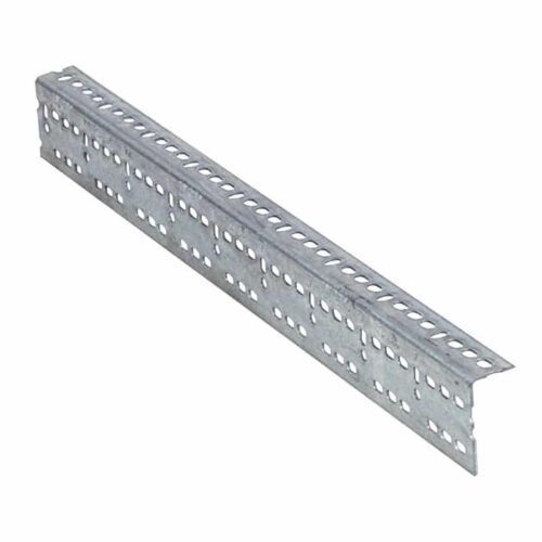 A galvanized metal slotted angle with a row of evenly spaced rectangular holes along its length, designed for construction and shelving purposes. The angle is shown against a white background, highlighting its structure and holes.