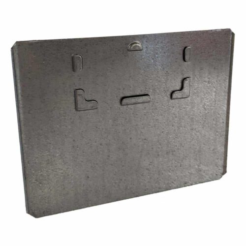 A rectangular metal plate with cut-out notches and slight indentations. The edges are smooth, and the surface appears to be slightly textured.