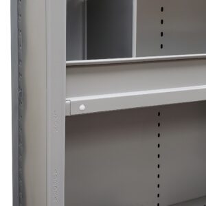 Close-up of a gray metal shelving unit with adjustable shelves. The shelf has small perforations and adjustable support beams. The brand name Aurora and numbers 201 are embossed on the side panel.