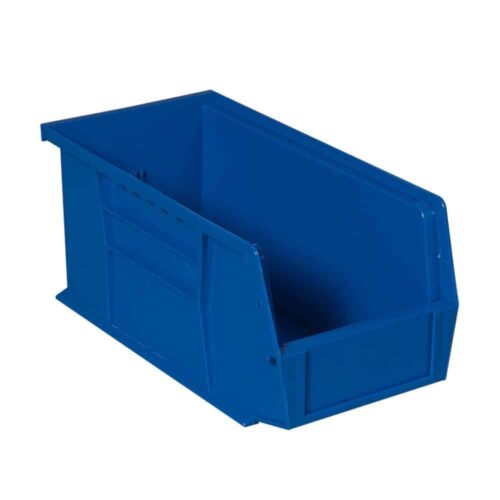lyon-large-blue-plastic-bin-NF78209.jpg A blue, rectangular storage bin with an open front, designed for stacking or organizing various items. The bin has smooth sides and a solid base, suitable for use in garages, workshops, or storage areas.