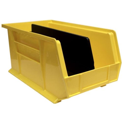 A yellow plastic storage bin with an open front and a removable black divider inside, designed for organizing or holding small items.