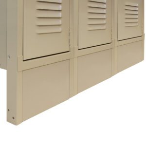 Close-up view of beige metal lockers. The lockers have ventilation slots near the top of each door. The image shows a row of three lockers side by side with a focus on the lower part of the lockers.