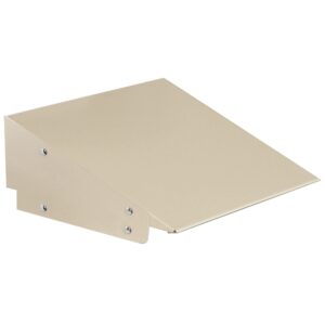 A beige metal wall shelf bracket with a slanted design. It features two vertical supports with screw holes for mounting and a flat top surface angled downward, designed to hold or display items at an incline.