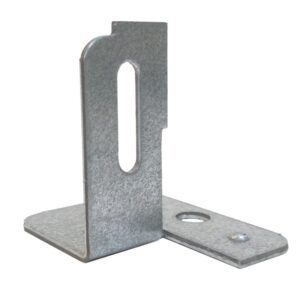 A metal L-bracket with an elongated slot in one side and a circular hole in the other, designed for mounting or support purposes. The bracket has a galvanized finish and is shown against a plain white background.