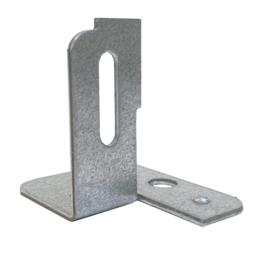 lyon-locker-anchor-foot-NF5870.jpg A metal L-bracket with an elongated slot in one side and a circular hole in the other, designed for mounting or support purposes. The bracket has a galvanized finish and is shown against a plain white background.