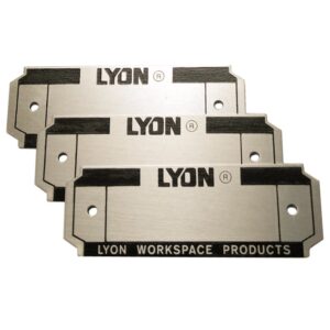 Three metal nameplates with the text LYON in bold black letters. Below, LYON WORKSPACE PRODUCTS is printed in smaller text. Each nameplate has two holes for mounting. The design features a rectangular and angular style.