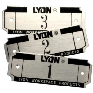 Three silver, rectangular nameplates labeled LYON with the numbers 3, 2, and 1. They have small holes for attachment and include the text Lyon Workspace Products at the bottom.