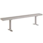 The Lyon All Aluminum Locker Room Bench with Pedestals 96w has a minimalist flat seat and two metal pedestals, offering a sleek silver finish ideal for versatile indoor or outdoor use.