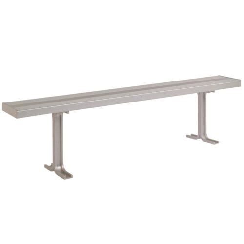 The Lyon All Aluminum Locker Room Bench with Pedestals 96w has a minimalist flat seat and two metal pedestals, offering a sleek silver finish ideal for versatile indoor or outdoor use.