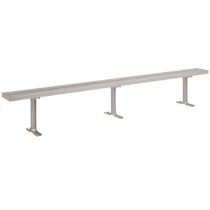 A long, simple metal bench with three support legs, designed for outdoor seating. The bench has a sleek and minimalist appearance, with a flat surface and no backrest.