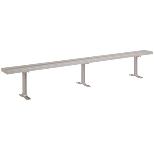 A long, simple metal bench with three support legs, designed for outdoor seating. The bench has a sleek and minimalist appearance, with a flat surface and no backrest.