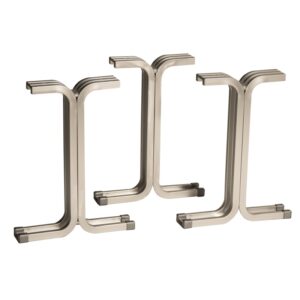 Four metallic bracket-shaped bookends are arranged in a staggered formation. They have a shiny, silver-toned finish and feature a rectangular base with a curved central section, giving them a modern and sleek appearance.