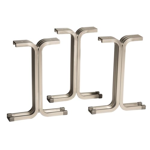Four metallic bracket-shaped bookends are arranged in a staggered formation. They have a shiny, silver-toned finish and feature a rectangular base with a curved central section, giving them a modern and sleek appearance.