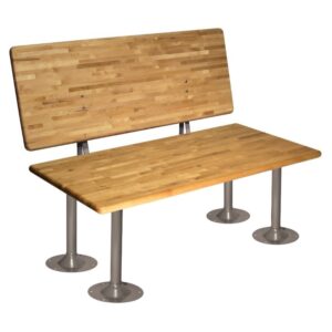 A wooden bench with a backrest sits on four metal cylindrical legs. The wood has a smooth, light finish with a patchwork pattern of grain. The legs are evenly spaced, providing a sturdy support for the seat and backrest.