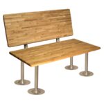 A wooden bench with a backrest made of light brown horizontal panels, supported by four metal cylindrical legs. The seat and backrest have a smooth finish and are designed in a minimalist style.