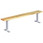 A long, simple wooden bench with a light wood finish and metal legs, designed for seating. The bench has a minimalistic design and is elevated on two metal supports.