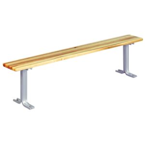A long, simple wooden bench with a light wood finish and metal legs, designed for seating. The bench has a minimalistic design and is elevated on two metal supports.