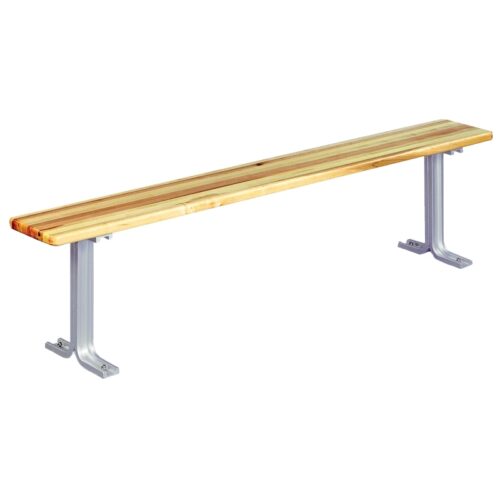 A long, simple wooden bench with a light wood finish and metal legs, designed for seating. The bench has a minimalistic design and is elevated on two metal supports.