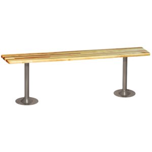 A long, wooden bench with two metal legs and circular bases. The bench has a simple and minimalist design, featuring natural wood grain on the seat and gray metal supports. It is isolated on a white background.